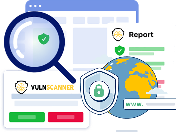 an image with the world, a shield, boxes and a magnifying lens