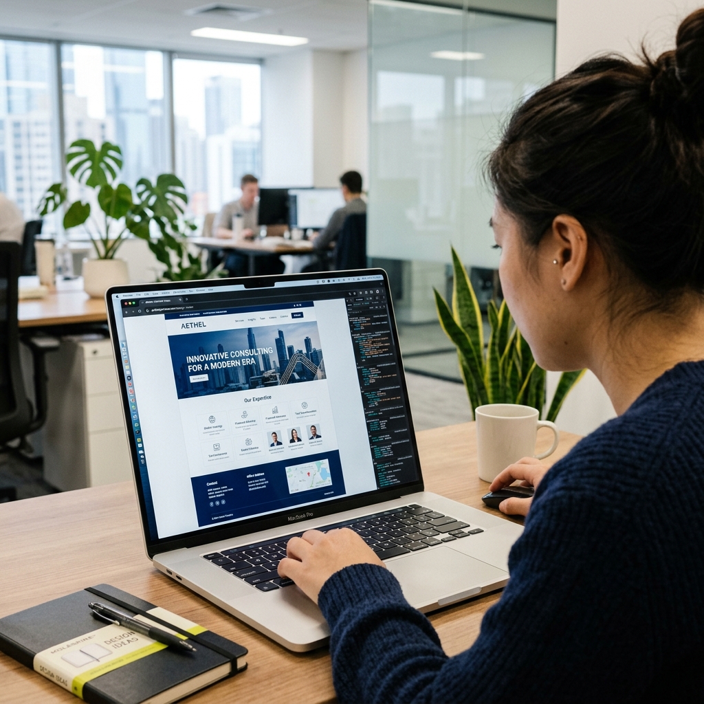 Over-the-shoulder view of a laptop displaying a modern website design