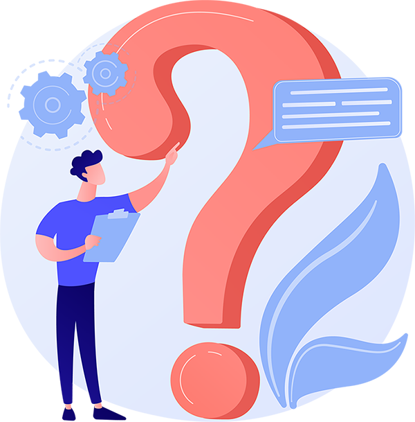 a man touching a huge red question mark